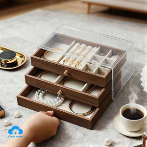 Hộp đựng trang sức ba tầng bằng gỗ óc chó, dung tích lớn, thiết kế dạng ngăn kéo, chống bụi.