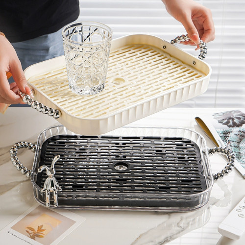 Khay Úp Ly Cốc HomeMate 2 Lớp Vân Kim Cương Trong Suốt, Khay Trà Acrylic Cao Cấp Tay Cầm Ngọc Trai Sang Trọng