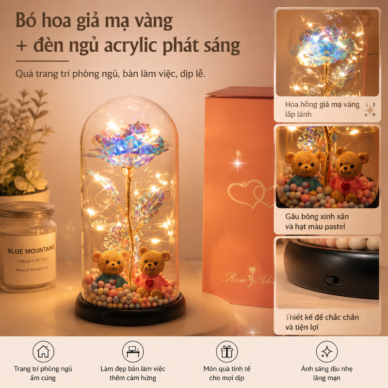 Hoa Hồng Vĩnh Cửu Phát Sáng 3D – Quà Tặng Valentine, Sinh Nhật, 8/3, Mạ Vàng 24K, Kèm Hộp Đế LOVE, Trang Trí Phòng