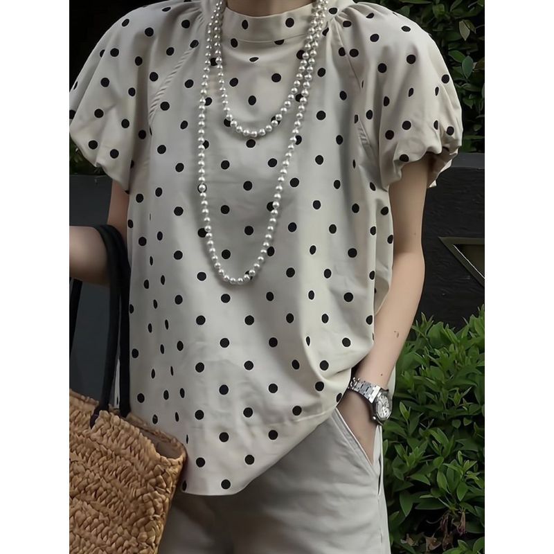 [Mặc nhỏ dễ thương] Áo sơ mi bán chạy mùa hè Châu Âu Áo thun tay phồng Niche kiểu Pháp chấm bi thời trang