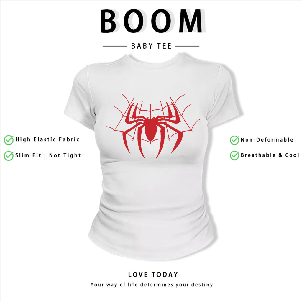 BOOM Áo Baby Tee Nữ Cotton Ôm Body-Áo Thun Ngắn Tay Y2K In Hình PhongCách Mùa Hè, Cổ Tròn Hàng Đầucách hàn quốc phongF17