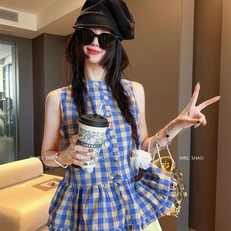 [Hàng mới về] Áo sơ mi không tay cổ tròn kẻ sọc phong cách phương Tây cổ điển dành cho nữ Mùa hè Phong cách mới dáng rộng thường ngày Agaric Edge Áo kẻ sọc xanh