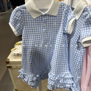 Trẻ Em Quần Áo Bé Gái Xanh Kiểm Tra Ren Đầm Công Chúa Phong Cách Mới Mùa Hè Bé Gái Thời Trang Niche polo Cổ Đầm