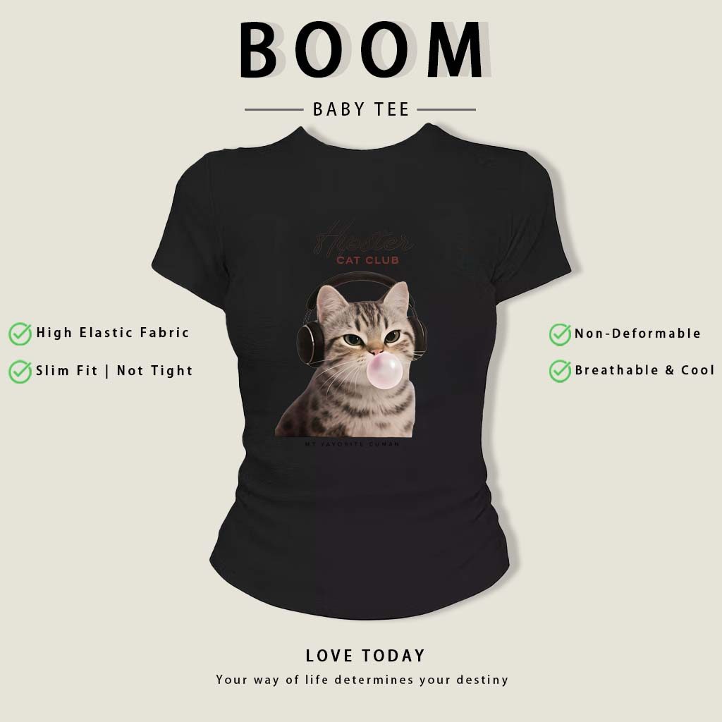BOOM Áo Baby Tee Nữ Cotton Ôm Body-Áo Thun Ngắn Tay Y2K In Hình PhongCách Mùa Hè, Cổ Tròn Hàng Đầucách hàn quốc phongE35
