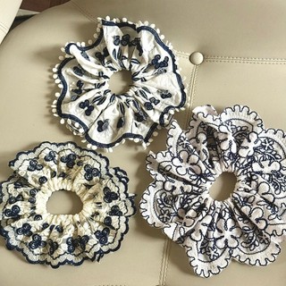Kovoi Scrunchy Dây Buộc Tóc Cao Cấp Màu Xanh Thêu Hoa, Phong Cách Dân Tộc Mới Lạ
