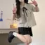 Áo sơ mi sọc và bộ đồ váy cạp cao co giãn, phong cách Nhật Bản Preppy