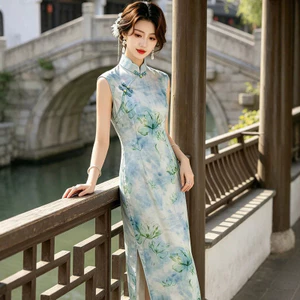 WHX- [Sườn xám dài vừa phải] Phong cách mới Sườn xám dài bằng vải Cotton tinh tế Sườn xám một lớp Sen cải tiến phong cách cổ điển cho bé gái Váy phong cách trẻ trung