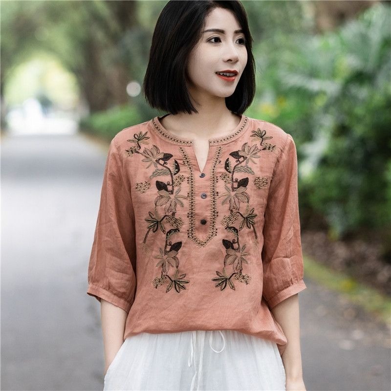 Áo sơ mi thêu phong cách Trung Quốc cổ điển dành cho nữ, phù hợp mát mẻ cho mùa hè