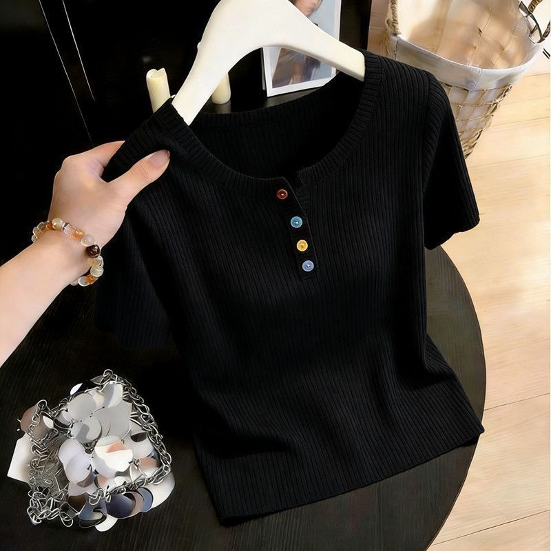 Áo Len Ngắn Tay Có Nút Màu Sắc Đa Dạng, Thiết Kế Slim-Fit, Phong Cách Thanh Lịch Cho Nữ