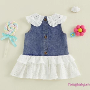 Đầm Denim chữ A cho bé gái màu xanh không tay cổ búp bê ren chắp vá Váy viền