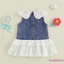 Đầm Denim chữ A cho bé gái màu xanh không tay cổ búp bê ren chắp vá Váy viền