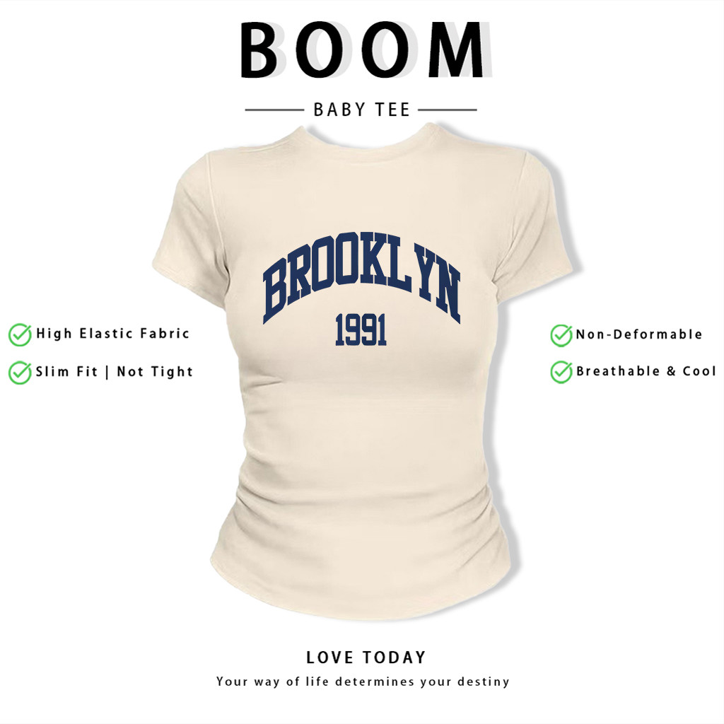BOOM Áo Baby Tee Nữ Cotton Ôm Body-Áo Thun Ngắn Tay Y2K In Hình PhongCách Mùa Hè, Cổ Tròn Hàng Đầucách hàn quốc phongK11