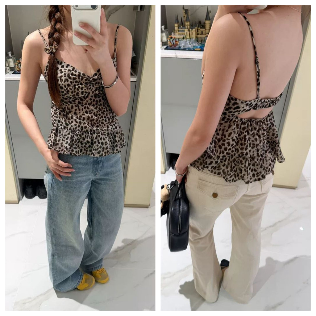 Milyfashion Áo Ngắn Da Báo In Họa Tiết Cổ Chữ V Phong Cách Y2K