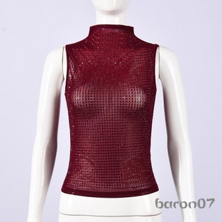 [xRsR] Áo lưới nữ Áo ngực không tay cổ rùa Trang trí bằng kim cương giả Slim Fit Áo Vest mùa hè