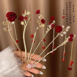Hoa Đỏ Tua Rua Kẹp Tóc Nữ Thu Đông Mới Trung Quốc Cao Cấp Kẹp Tóc Cổ Hanfu Pan Kẹp Tóc Giáng Sinh Mũ Đội Đầu