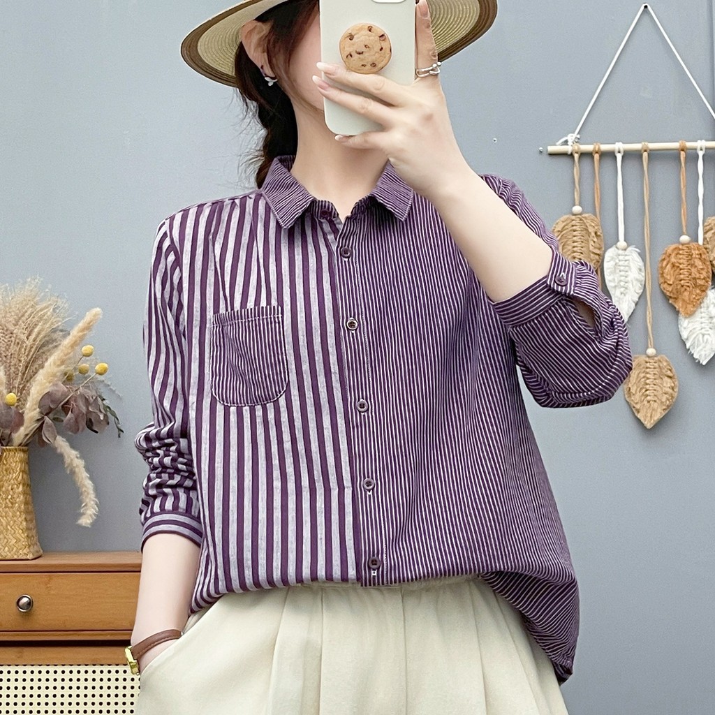 [Sẵn sàng] Áo sơ mi nữ cotton cao cấp, tay dài, phong cách retro, vải cotton nhuộm sợi mềm mại, thân thiện với da