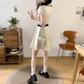VM-Váy ngắn tay cổ sen đính nơ họa tiết chấm bi chiết eo nhẹ nhàng dáng xòe