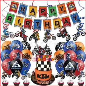 ST2 xáo trộn xe máy đua Dirt Bike chủ đề trẻ em tiệc sinh nhật trang trí biểu ngữ bánh topper bóng bay xoáy TS2