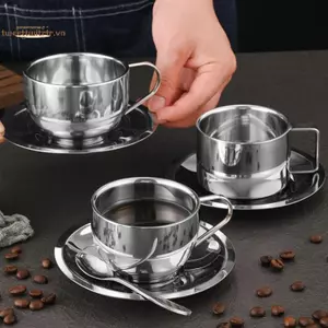 TRTR 170 / 200 / 250 / 280ml Cốc cà phê bằng thép không gỉ Bộ cốc sữa và đĩa kèm đĩa Thảm tay cầm thìa Dễ dàng làm sạch và tái sử dụng VN