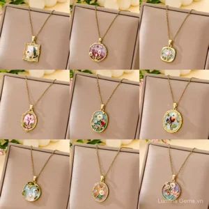 Tranh Sơn Dầu Vòng Cổ Nữ Dầu Nhỏ Giọt Sơn Pháp Hoa Mặt Dây Chuyền Monet Sân Vườn Thời Trang Phù Hợp Với Thép Titan Xương Đòn Dây Chuyền Trang Sức