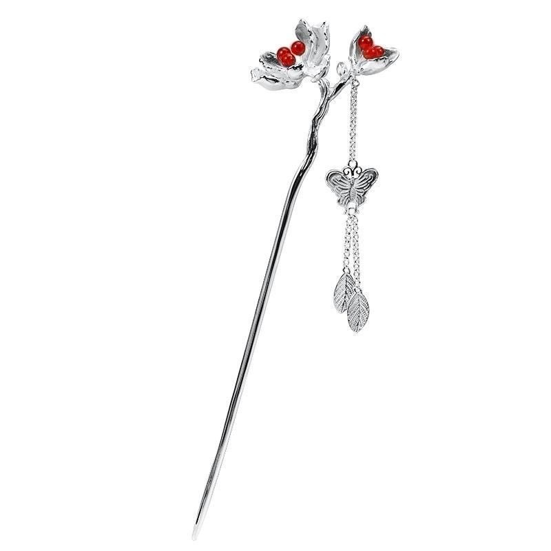 S925 Bạc Garnet Kẹp Tóc Retro Court Hanfu Phụ Kiện Mũ Đội Đầu Hoa Đẹp 520 Quà Tặng