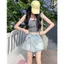 Áo thun ngắn Denim hai mảnh giả mùa hè eo cao không đều có dây buộc phiên bản Hàn Quốc Thời trang thông thường