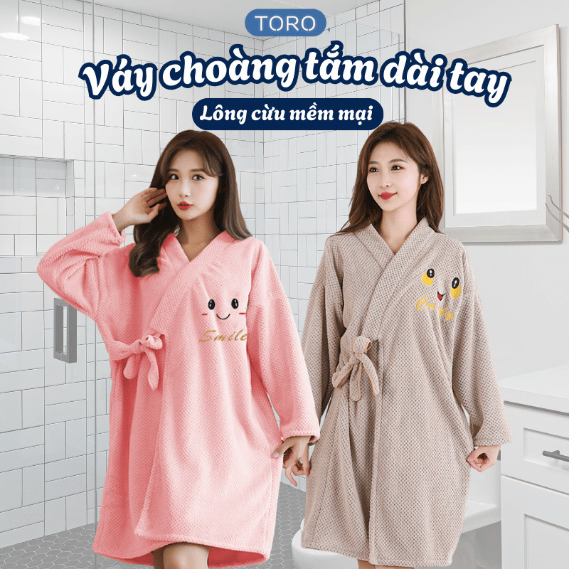 Áo Choàng Tắm HomeMate Lông Cừu San Hô Thêu Mặt Cười, Váy Tắm Tay Dài Siêu Thấm Hút Giữ Ấm Mùa Đông
