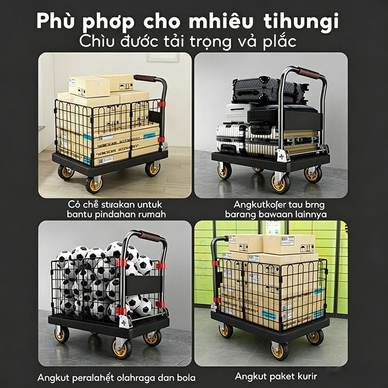 Xe đẩy hàng hóa có lan can Xe đẩy đa năng chống ồn Gấp Gọn Tiện Lợi 4 bánh xe Tải Trọng 800KG