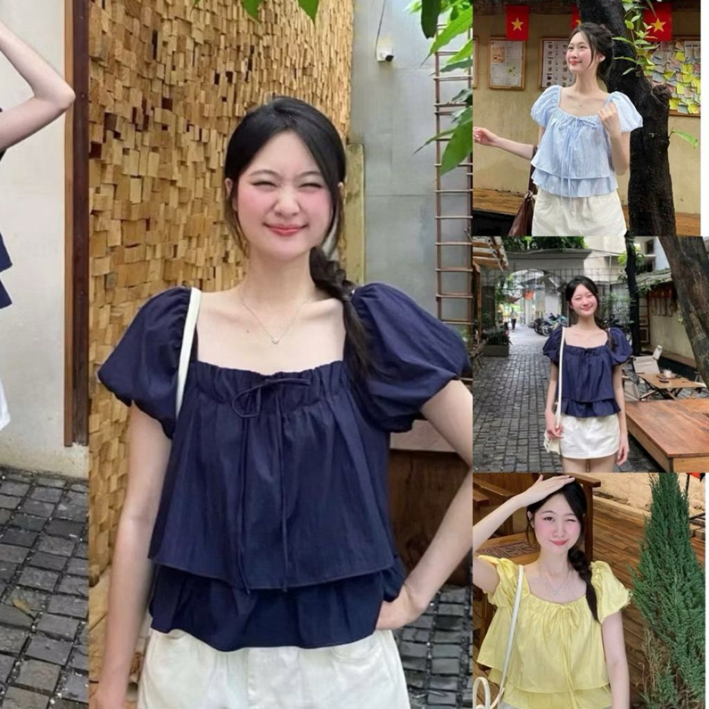 Áo babydoll dáng nữ tay phồng bí bèo hai lớp vổ v sang trọng BD63 - SamHi Closet