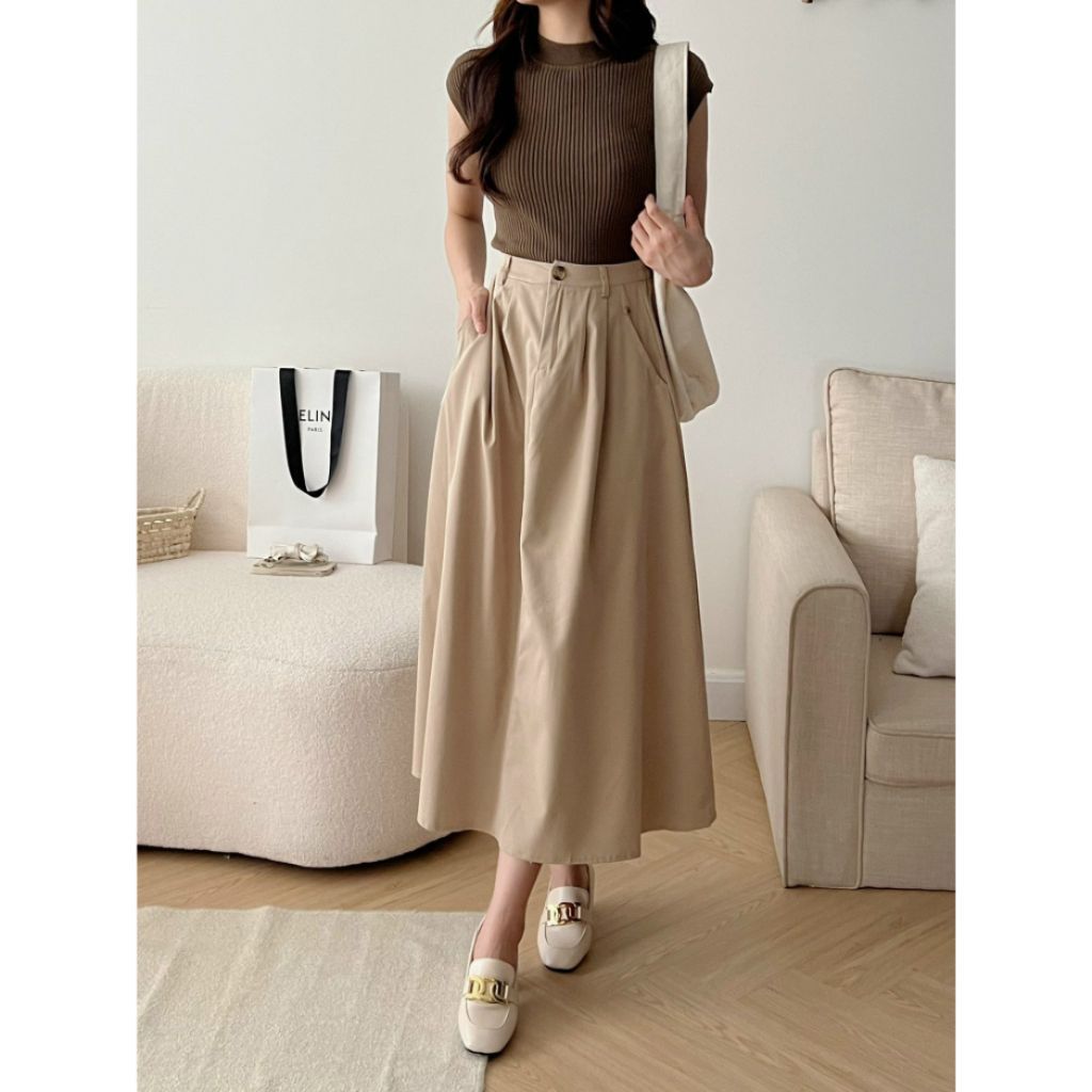 Chân Váy Xếp Ly Có BigSize Dáng Dài Lưng Thun Vải KaKi Thô Đứng Phom Mã CV0878 - SamHi Closet