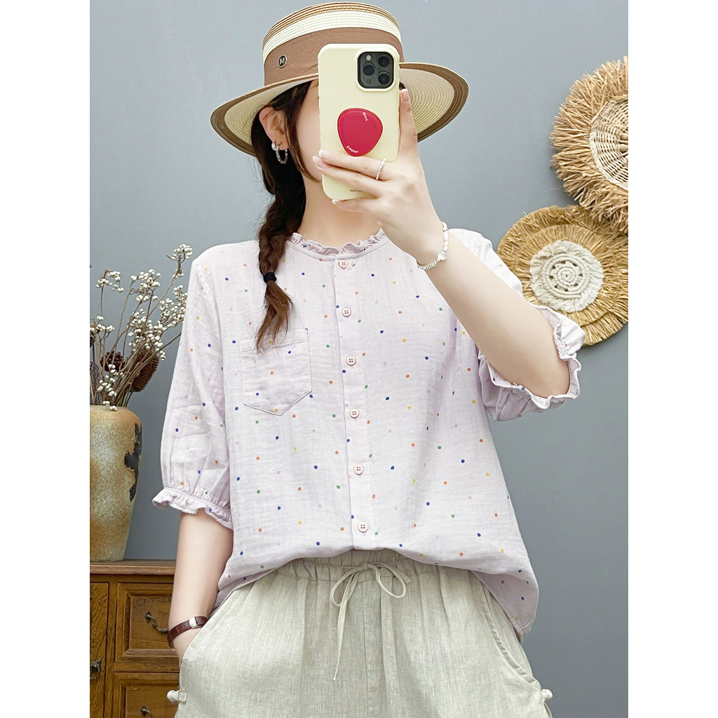 Áo sơ mi nữ cổ chấm bi tay vừa, vải cotton cao cấp, họa tiết chấm bi nhỏ kiểu Pháp
