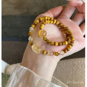 Vòng tay Citrine nhân tạo vòng tròn đôi, Pixiu Lucky Fortune Transfer Giả Golden Tiger Eye Vòng tay hình tròn đôi, Thiết kế thích hợp Cảm giác cao cấp