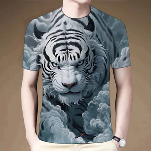 Mùa Hè 2026 Mới Họa Tiết Hổ 3D In Unisex Xu Hướng Thời Trang Tay Ngắn Cổ Tròn Top