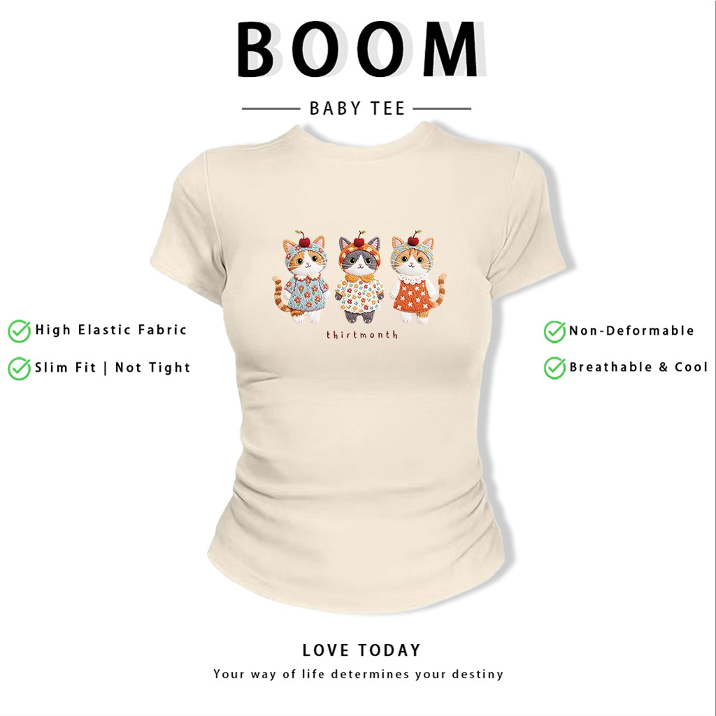 BOOM Áo Baby Tee Nữ Cotton Ôm Body-Áo Thun Ngắn Tay Y2K In Hình PhongCách Mùa Hè, Cổ Tròn Hàng Đầucách hàn quốc phongC29