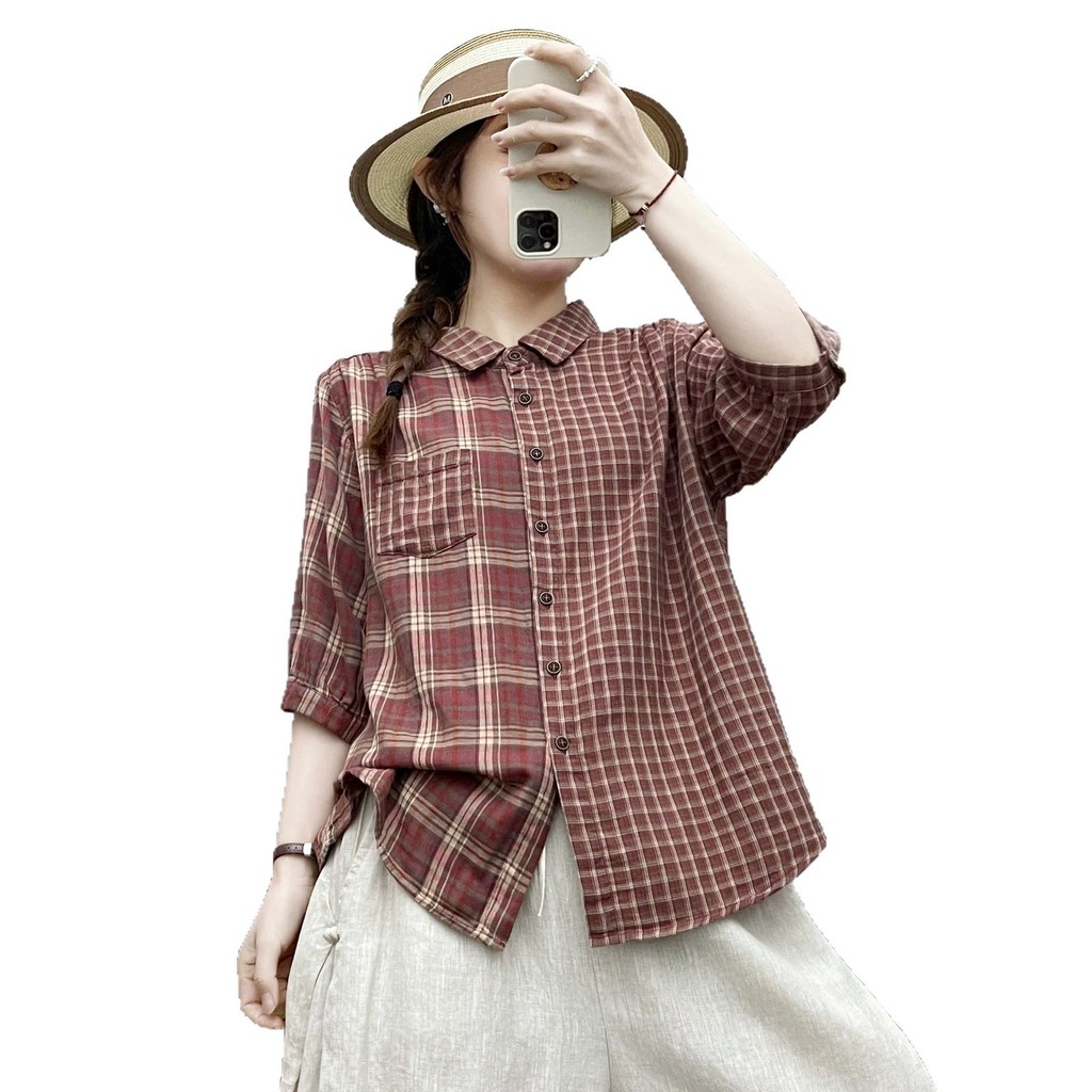 Áo Sơ Mi Nữ Sợi Cotton Cao Cấp Kẻ Sọc Tay Vừa Mùa Hè Mới Thường Ngày Skinny Top