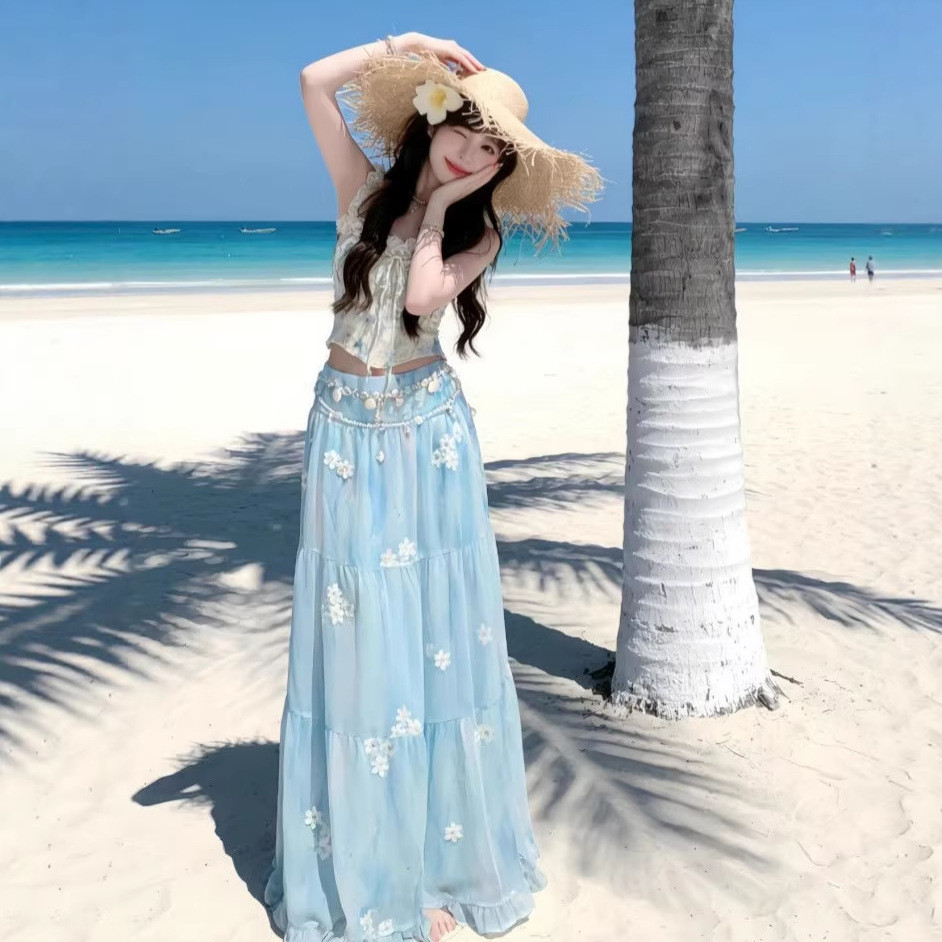 Váy Hoa Áo Vest Ren a.t.a Chiều Dài Eo Cao Màu Xanh Sling Ren