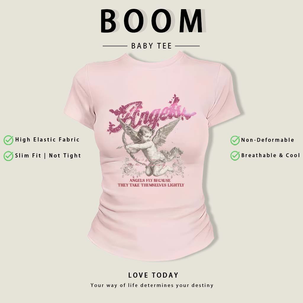 BOOM Áo Baby Tee Nữ Cotton Ôm Body-Áo Thun Ngắn Tay Y2K In Hình PhongCách Mùa Hè, Cổ Tròn Hàng Đầucách hàn quốc phongR02