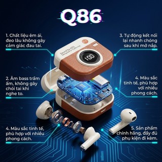 Tai nghe Bluetooth không dây Q86 thiết kế retro cổ điển, màn hình LED kỹ thuật số