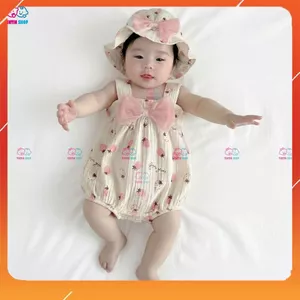 Body chip hai dây kèm mũ cho bé gái Bodysuit cho bé gái Áo liền quần trẻ sơ sinh SLH268