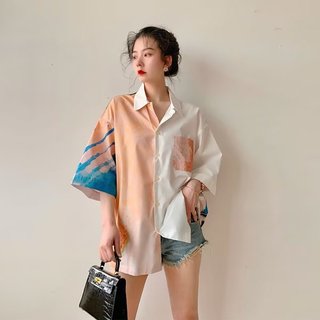 Áo sơ mi nam tay ngắn phong cách Hồng Kông, họa tiết tranh sơn dầu, thiết kế trung tính cao cấp