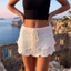 Váy Mini Sarong Dệt Kim Trắng Viền Vỏ Sò Có Thắt Lưng Dây Rút Cho Mùa Hè Đi Biển