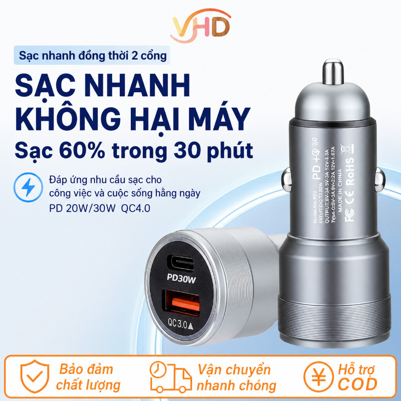 Tẩu Sạc O Tô 2 Cổng USB Type-C – Hợp Kim, Sạc Nhanh An Toàn, Nhỏ Tiện, Dùng Được Nhiều Xe