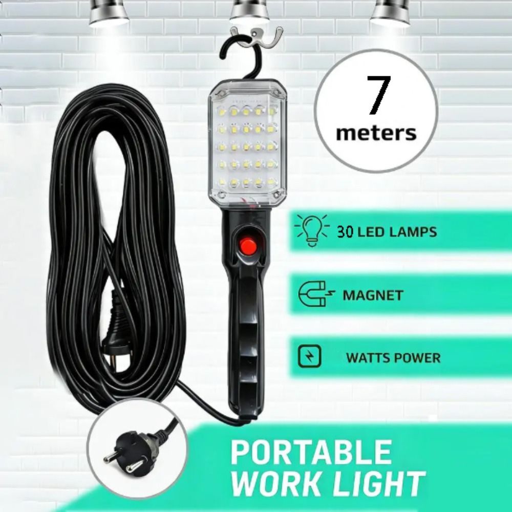 Đèn làm việc cầm tay LED mạnh mẽ có dây, móc xoay đôi, sạc lại, đèn cảnh báo kèm phích cắm