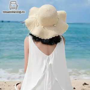 Mũ Rơm Phong Cách Pháp Với Ngọc Trai và Dây Đeo, Vành Rộng, Thích Hợp Đi Biển và Chống Nắng Mùa Hè