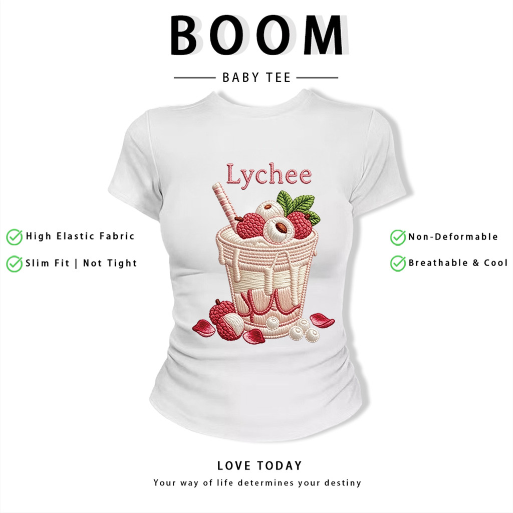 BOOM Áo Baby Tee Nữ Cotton Ôm Body-Áo Thun Ngắn Tay Y2K In Hình PhongCách Mùa Hè, Cổ Tròn Hàng Đầucách hàn quốc phongK08
