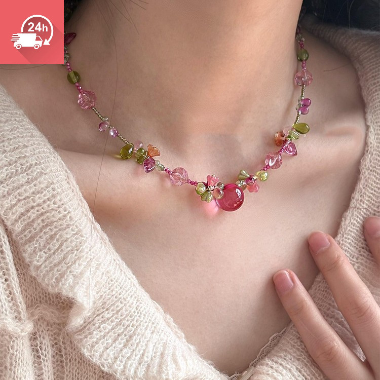 Vòng cổ nữ thời trang Hàn Quốc, phong cách ngọt ngào, hạt hình giọt nước màu đỏ hồng, cá tính và đa năng.