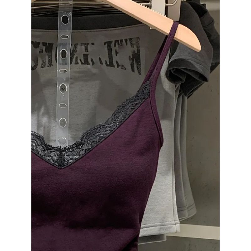 [Khuyến mãi trong thời gian có hạn] Dây đeo ren cổ chữ V có đệm ngực cho nữ Skinny Slimer Look Hot Girl Style Thiết kế bên trong Cảm giác mặc bên ngoài Áo ngắn