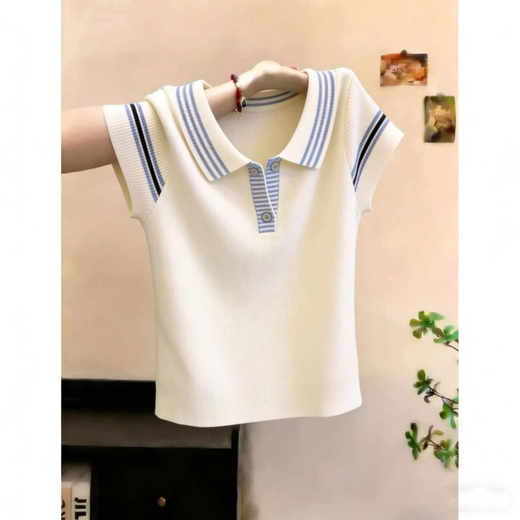 Mùa hè Phong Cách Mới Phong Cách Hàn Quốc Plus Size Quần Áo Nữ Ice Silk Áo Len Tay Ngắn | Thiết kế sọc phù hợp thời trang, Vỏ bọc thịt mỏng hơn, thoáng khí thoải mái, Quần áo mẹ sang trọng thời trang, giản dị