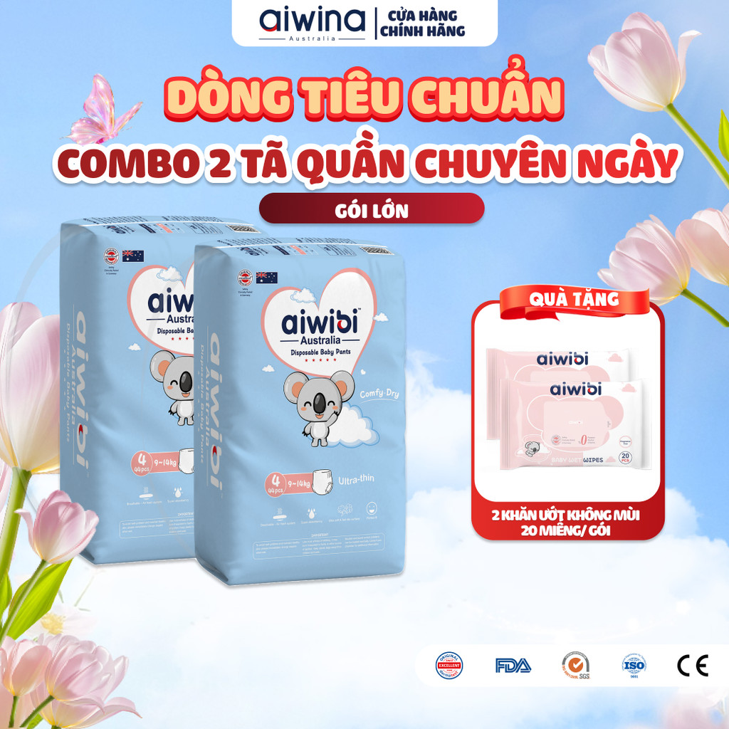 [Combo 2] Tã/Bỉm Quần Aiwibi Tiêu Chuẩn Cho Bé Thoáng Khí, Thấm Hút Nhanh - Gói Lớn M/L/XL/XXL