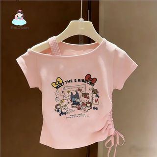Bộ đồ bé gái Hello Kitty – Áo lệch vai + quần jeans, phong cách Hàn Quốc, dễ thương mùa hè